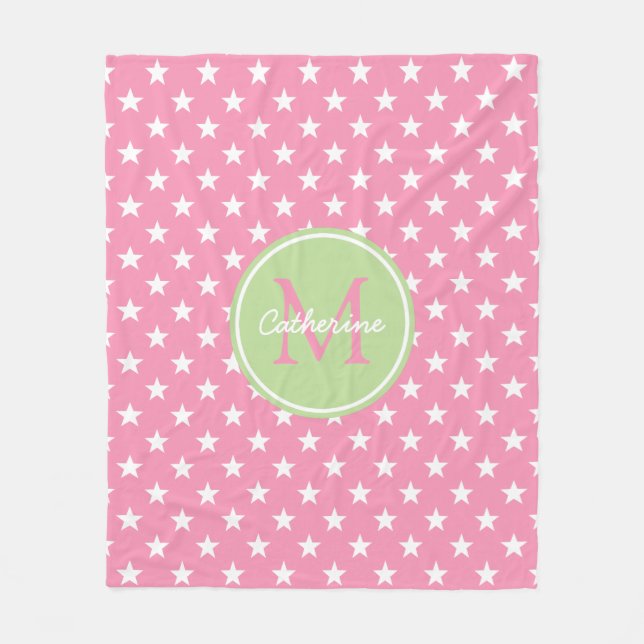 Happy Pink and Mint Green Stars Monogram Fleece Blanket (Front)