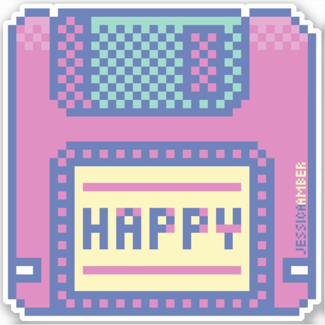 Happy Pink Blue Pixel Art 90s Disquette Sticker (Devant)