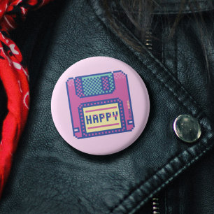 Happy Pink Blue Pixel Art 90s Floppy Disc 1 Inch Round Button