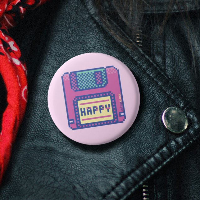 Happy Pink Blue Pixel Art 90s Floppy Disc 1 Inch Round Button (Happy Pink Blue Pixel Art 90s Floppy Disk Button)