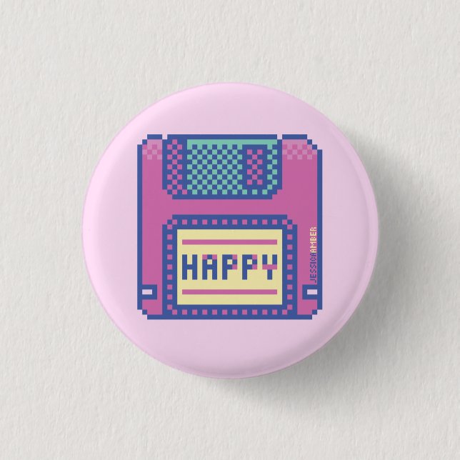 Happy Pink Blue Pixel Art 90s Floppy Disc 1 Inch Round Button (Front)