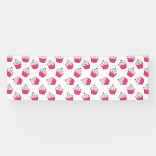Happy Pink Heart Cupcakes - Sweet Bakery Pattern Banner