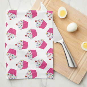 Happy Pink Heart Cupcakes - Sweet Bakery Pattern Kitchen Towel