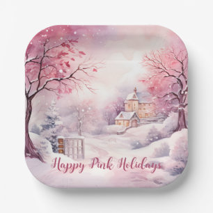 Happy Pink Holidays Christmas Snow Scene Paper Plate