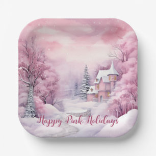 Happy Pink Holidays Christmas Snow Scene Paper Plate