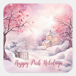 Happy Pink Holidays Christmas Snow Scene Square Sticker