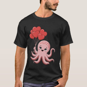 Happy Pink Octopus with Red Heart Balloons T-Shirt