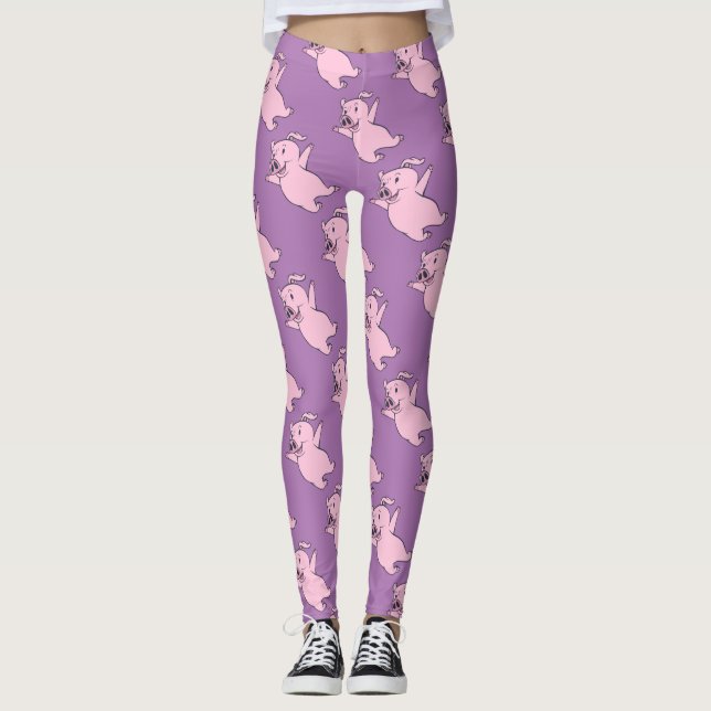 Happy Pink Pig Jumping Thunder_Cove Leggings (Front)