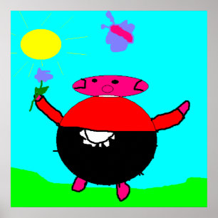 Happy Pink Pig with Sun Flower & Butterfly KidsArt Poster