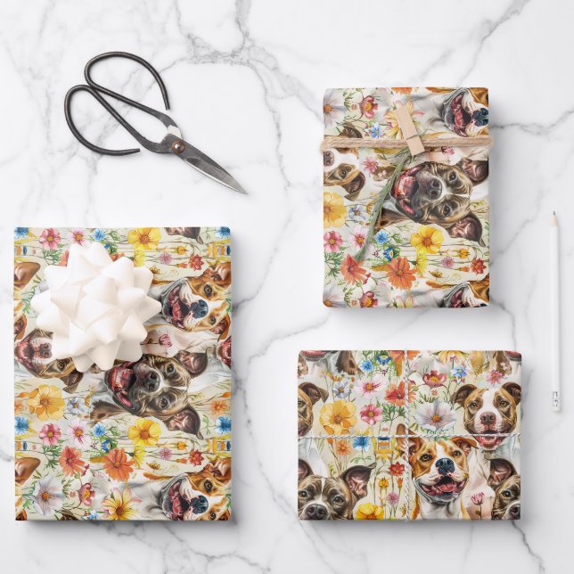 Happy Pitbull Dogs, Pit Bulls Wrapping Paper Sheet (Front)