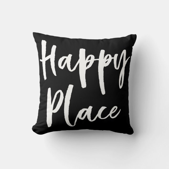 Happy place black and white throw pillow (Front)