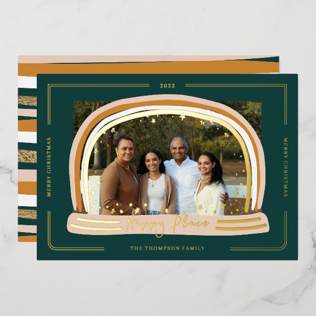 Happy Place Modern Snow Globe Christmas Photo Foil Holiday Card (Front/Back)