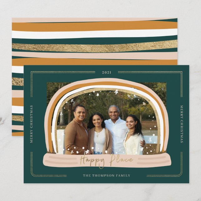 Happy Place Modern Snow Globe Christmas Photo Holiday Card (Front/Back)
