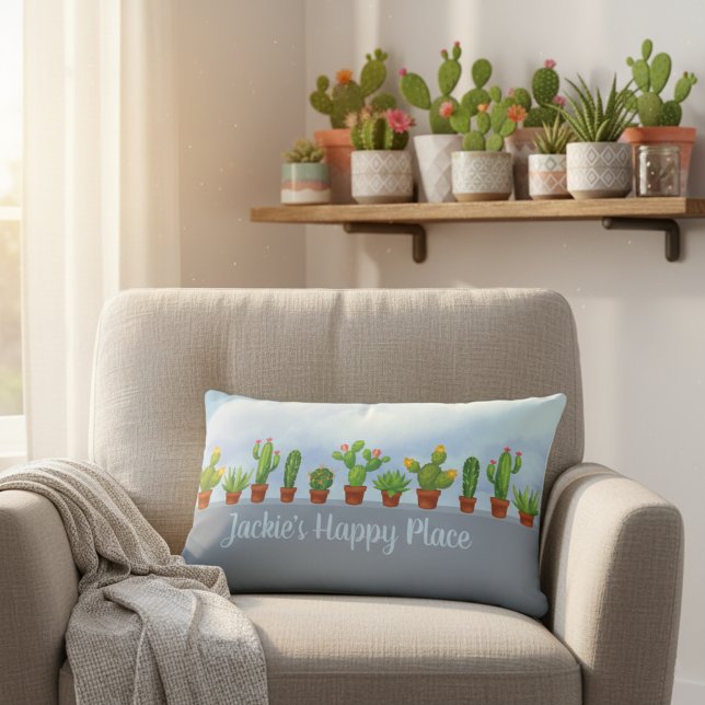 Happy Place Personalized Cactus Lover's Decorative Lumbar Pillow (Cactus lover's happy place pillow with custom name!)
