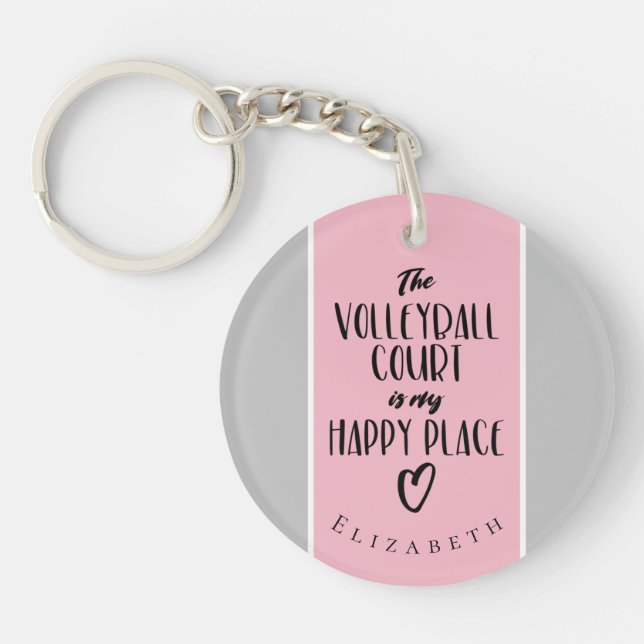 happy place pink grey custom girl's volleyball keychain (Front)