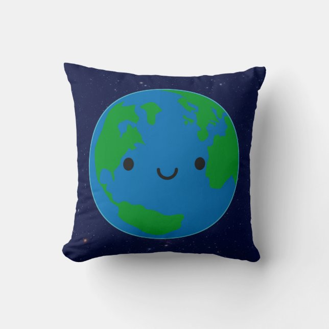 Happy Planet Earth & Saturn (Reversible) Throw Pillow (Front)