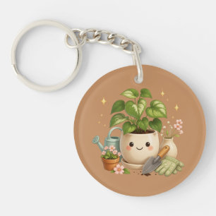 Happy Plant Pot with Flowers & Garden Tools Keychain