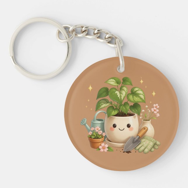 Happy Plant Pot with Flowers & Garden Tools Keychain (Front)