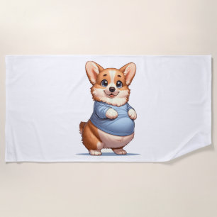 Happy Playful Pup Big Belly Corgi Smiles Tee funny Beach Towel