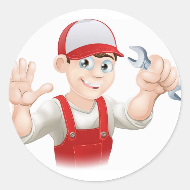 Happy plumber or mechanic with spanner classic round sticker (Front)