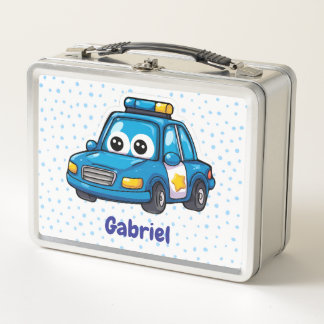 Happy Police Car, Boys, Personalized Blue  Metal Lunch Box