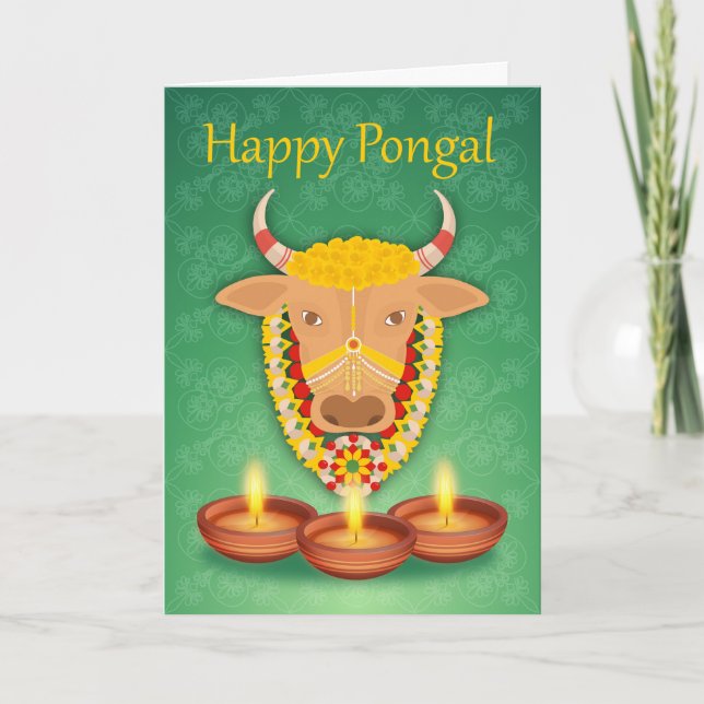 Happy Pongal, with cow and candles Card (Front)