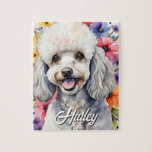 Happy Poodle Family Dog Watercolor Floral Colorful Jigsaw Puzzle
