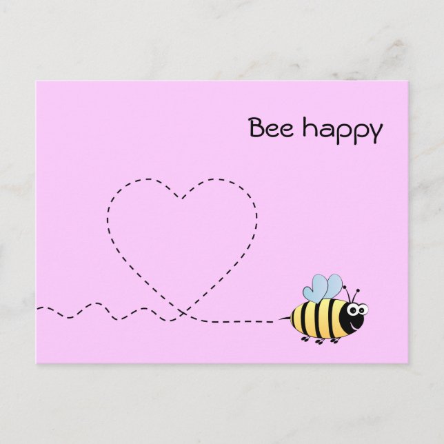 Happy positive bee in love cartoon pink postcard (Front)