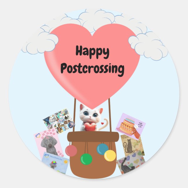 Happy Postcrossing Cat in Balloon Stickers (Front)