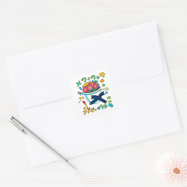 happy pot flower square sticker (Envelope)