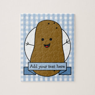 Happy Potato Personalized Blue Gingham Jigsaw Puzzle
