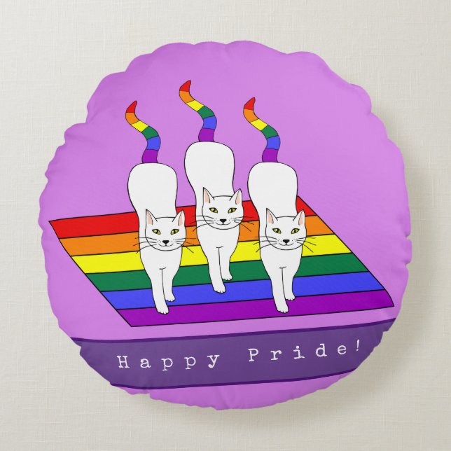 Happy Pride LGBT Cats With Rainbow Flag Round Pillow (Front)