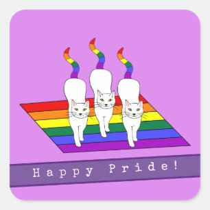 Happy Pride LGBT Cats With Rainbow Flag Square Sticker