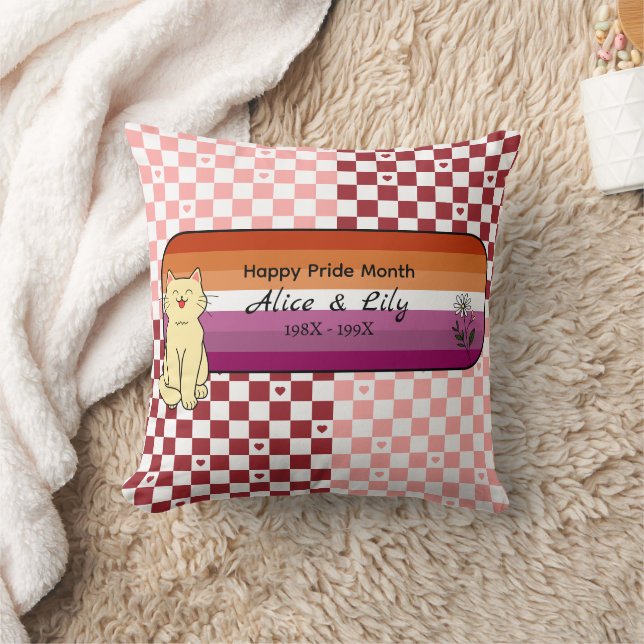 Happy Pride Month Cute Cat Sunset Lesbian Flag Throw Pillow (Blanket)