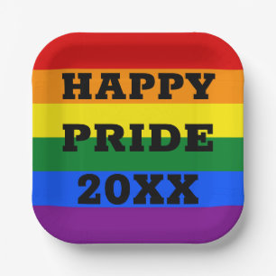 Happy Pride with Year Gay LGBTQ Rainbow Flag Mason Paper Plate
