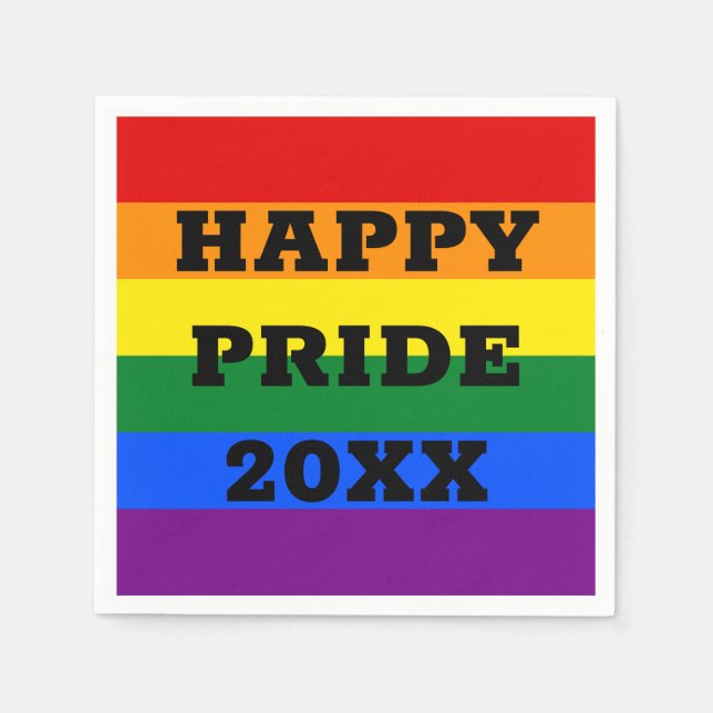 Happy Pride with Year Gay LGBTQ Rainbow Flag Napkin (Front)