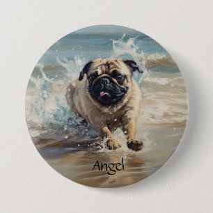 Happy Pug  at the Beach customizable 3 Inch Round Button