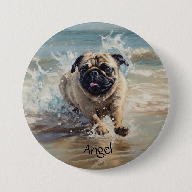 Happy Pug  at the Beach customizable 3 Inch Round Button (Front)