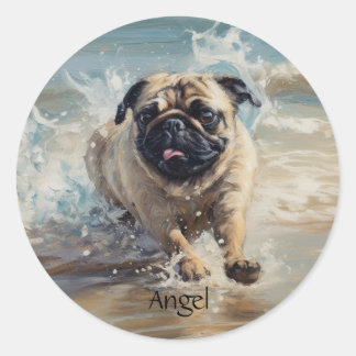 Happy Pug at the Beach customizable Classic Round Sticker