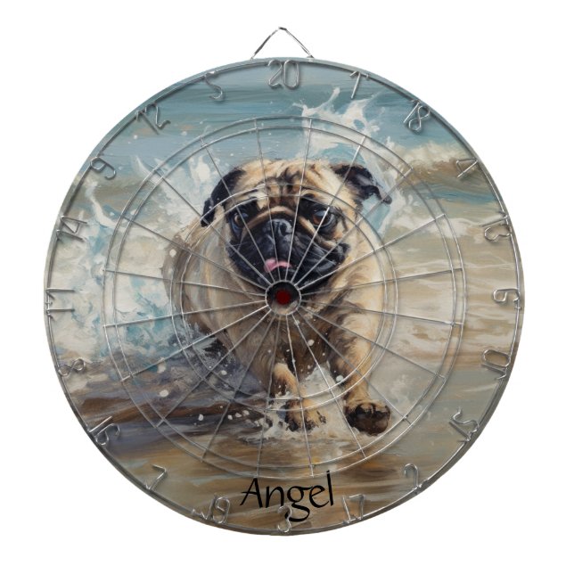 Happy Pug  at the Beach customizable Dartboard (Front)