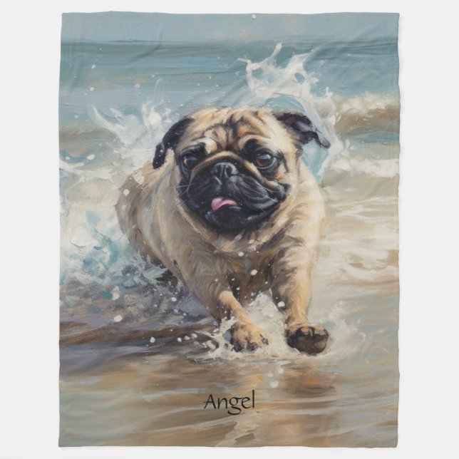 Happy Pug  at the Beach customizable Fleece Blanket (Front)