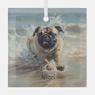 Happy Pug at the Beach customizable Glass Ornament