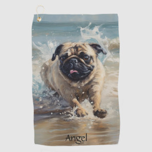 Happy Pug at the Beach customizable Golf Towel