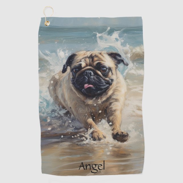 Happy Pug  at the Beach customizable Golf Towel (Front)