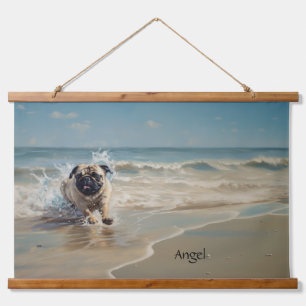 Happy Pug  at the Beach customizable Hanging Tapestry