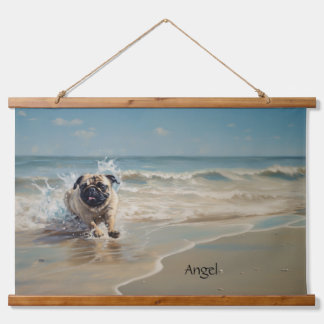 Happy Pug  at the Beach customizable Hanging Tapestry