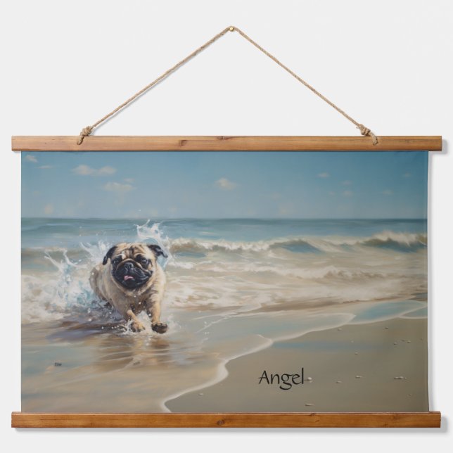 Happy Pug  at the Beach customizable Hanging Tapestry (Front)