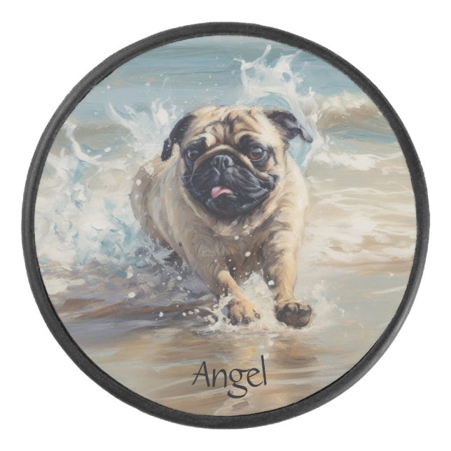 Happy Pug  at the Beach customizable Hockey Puck (Front)