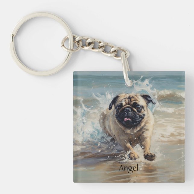 Happy Pug  at the Beach customizable Keychain (Front)