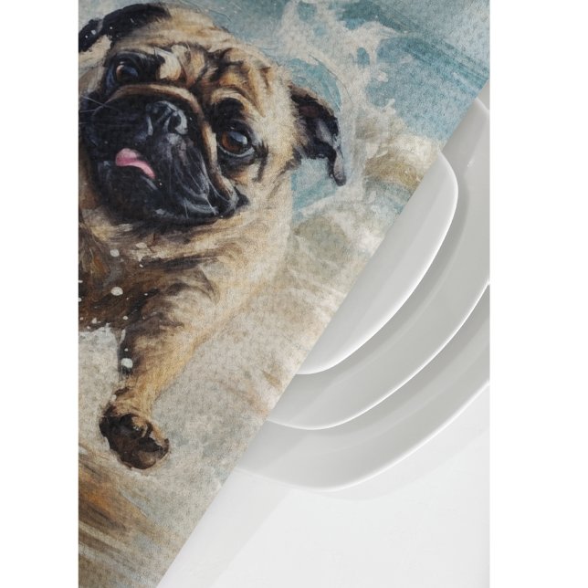 Happy Pug  at the Beach customizable Kitchen Towel (Creator Uploaded)